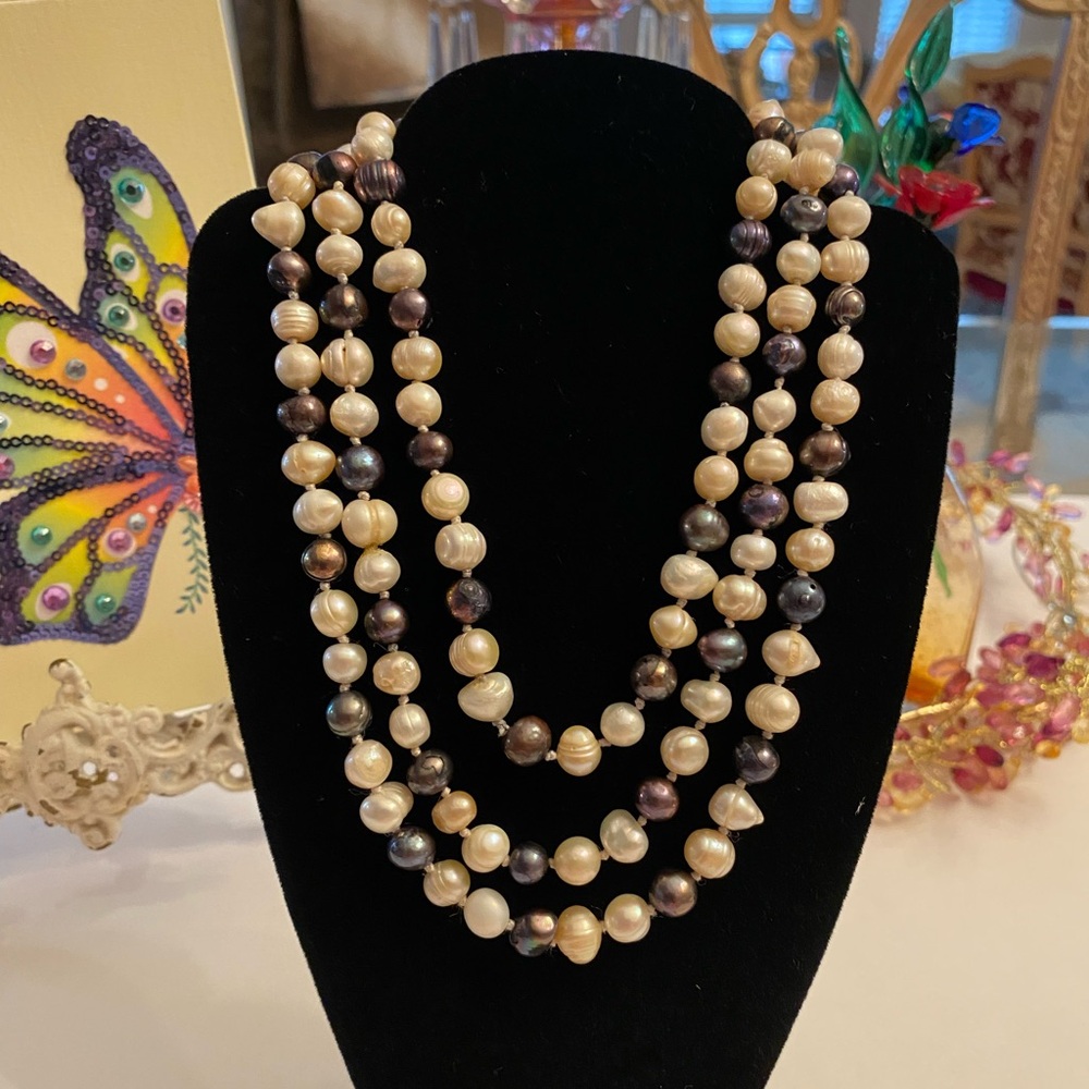 Baroque Pearl Gray & White Opera Length Strand Necklace